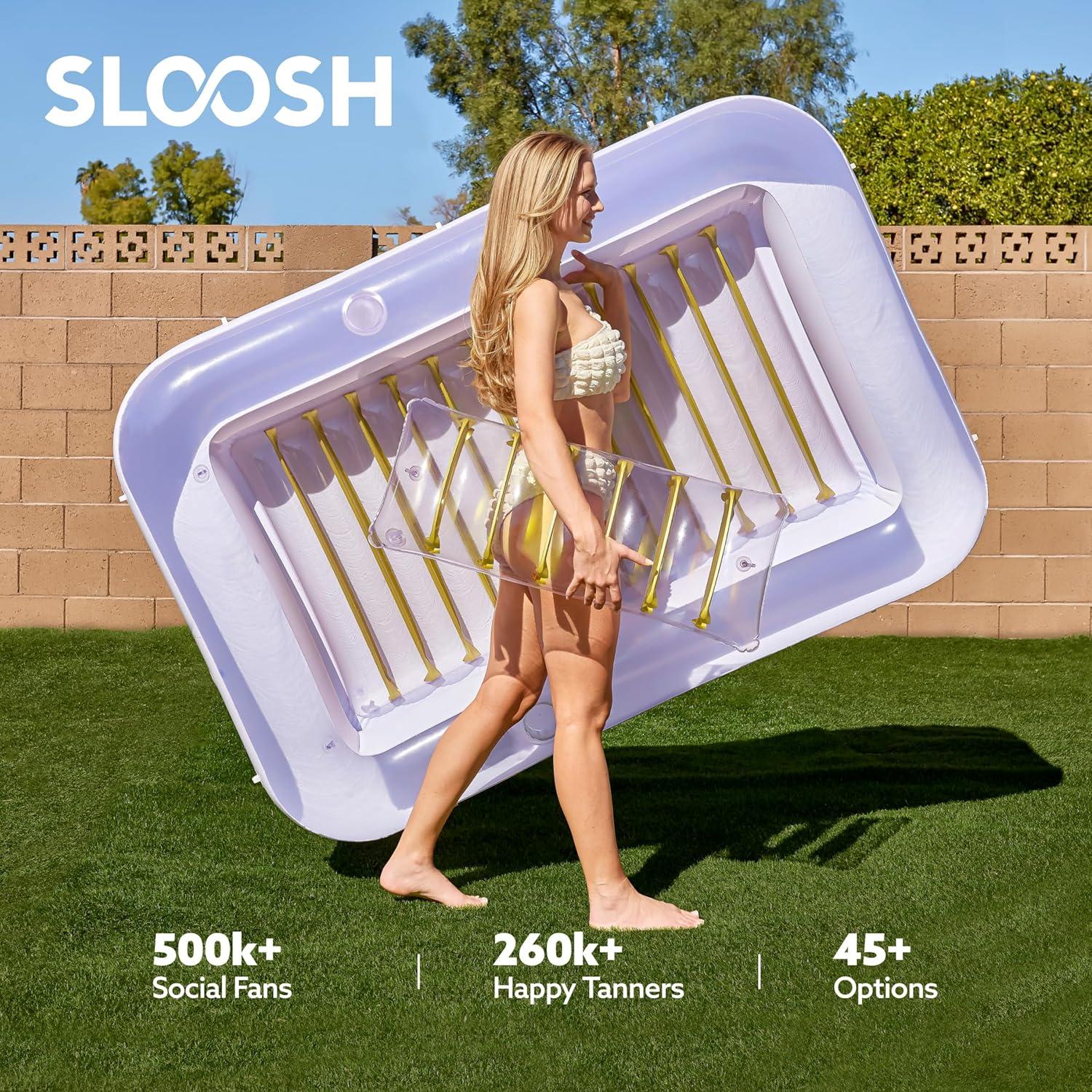 imageSLOOSH Inflatable Tanning Pool Lounger Float 85 x 57 Extra Large Pool Floats Adult with Pillow 4 in 1 Suntan Tub Raft FloatieSunbathing Bed Lounge for Water Blow Up Ball Pit XLGolden WhiteGolden White