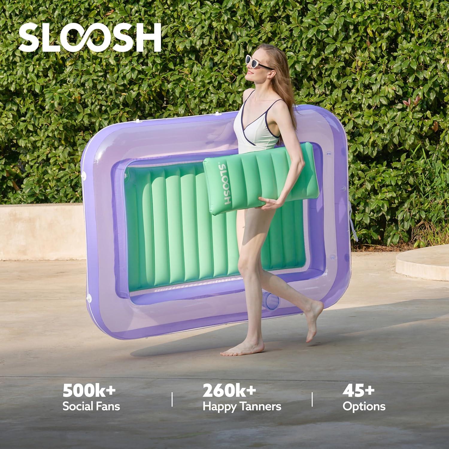 imageSLOOSH Inflatable Tanning Pool Lounger Float 85 x 57 Extra Large Pool Floats Adult with Pillow 4 in 1 Suntan Tub Raft FloatieSunbathing Bed Lounge for Water Blow Up Ball Pit XLGolden WhitePurple Green