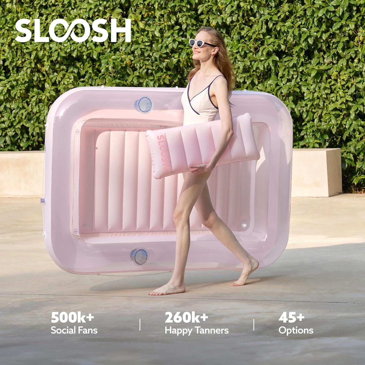 imageSLOOSH Inflatable Tanning Pool Lounger Float 85 x 57 Extra Large Pool Floats Adult with Pillow 4 in 1 Suntan Tub Raft FloatieSunbathing Bed Lounge for Water Blow Up Ball Pit XLGolden WhitePurple Pink