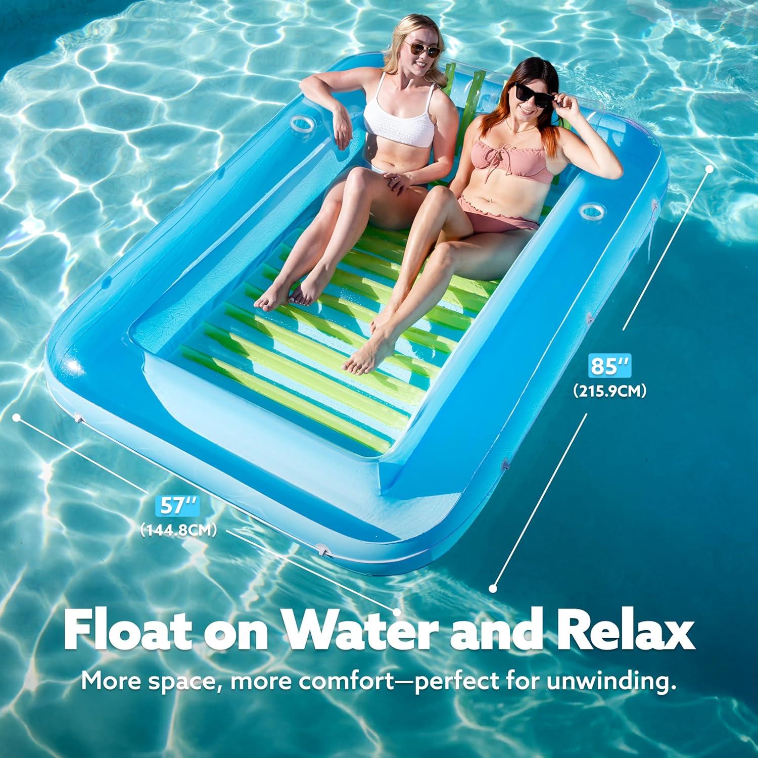 imageSLOOSH Inflatable Tanning Pool Lounger Float 85 x 57 Extra Large Pool Floats Adult with Pillow 4 in 1 Suntan Tub Raft FloatieSunbathing Bed Lounge for Water Blow Up Ball Pit XLGolden WhiteBlue Green