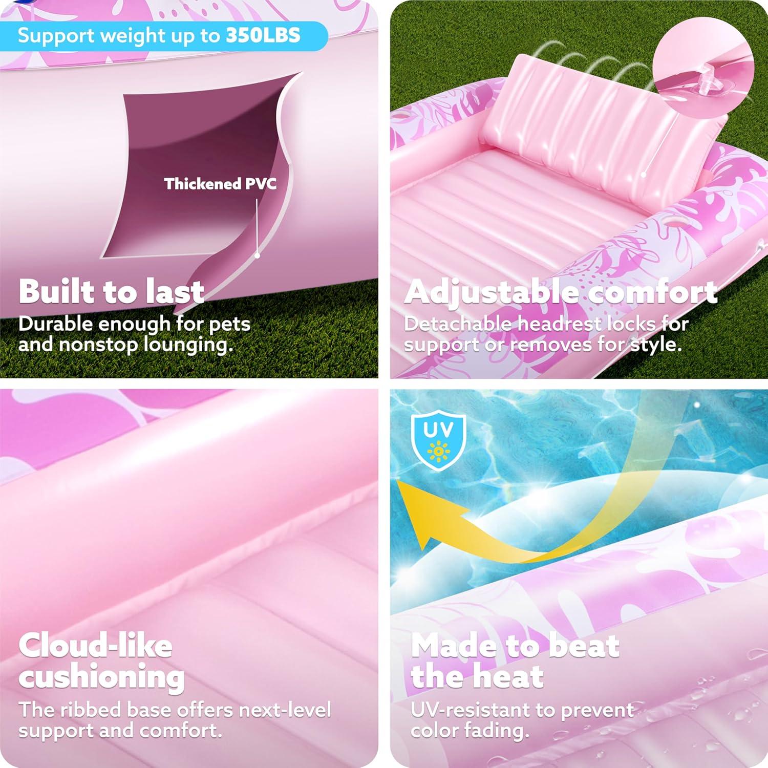 imageSLOOSH Inflatable Tanning Pool Lounger Float 85 x 57 Extra Large Pool Floats Adult with Pillow 4 in 1 Suntan Tub Raft FloatieSunbathing Bed Lounge for Water Blow Up Ball Pit Party Gifts XLBlueBlushing Pink