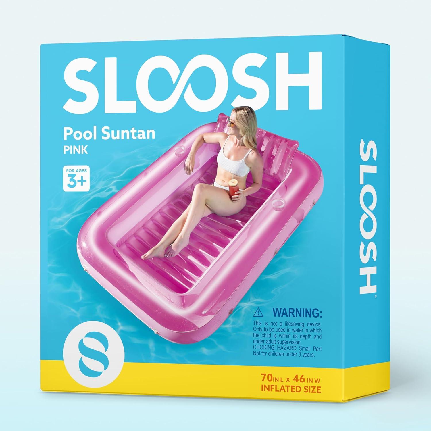 imageSLOOSH Inflatable Tanning Pool Lounger Float 85 x 57 Extra Large Pool Floats Adult with Pillow 4 in 1 Suntan Tub Raft FloatieSunbathing Bed Lounge for Water Blow Up Ball Pit XLGolden WhitePink