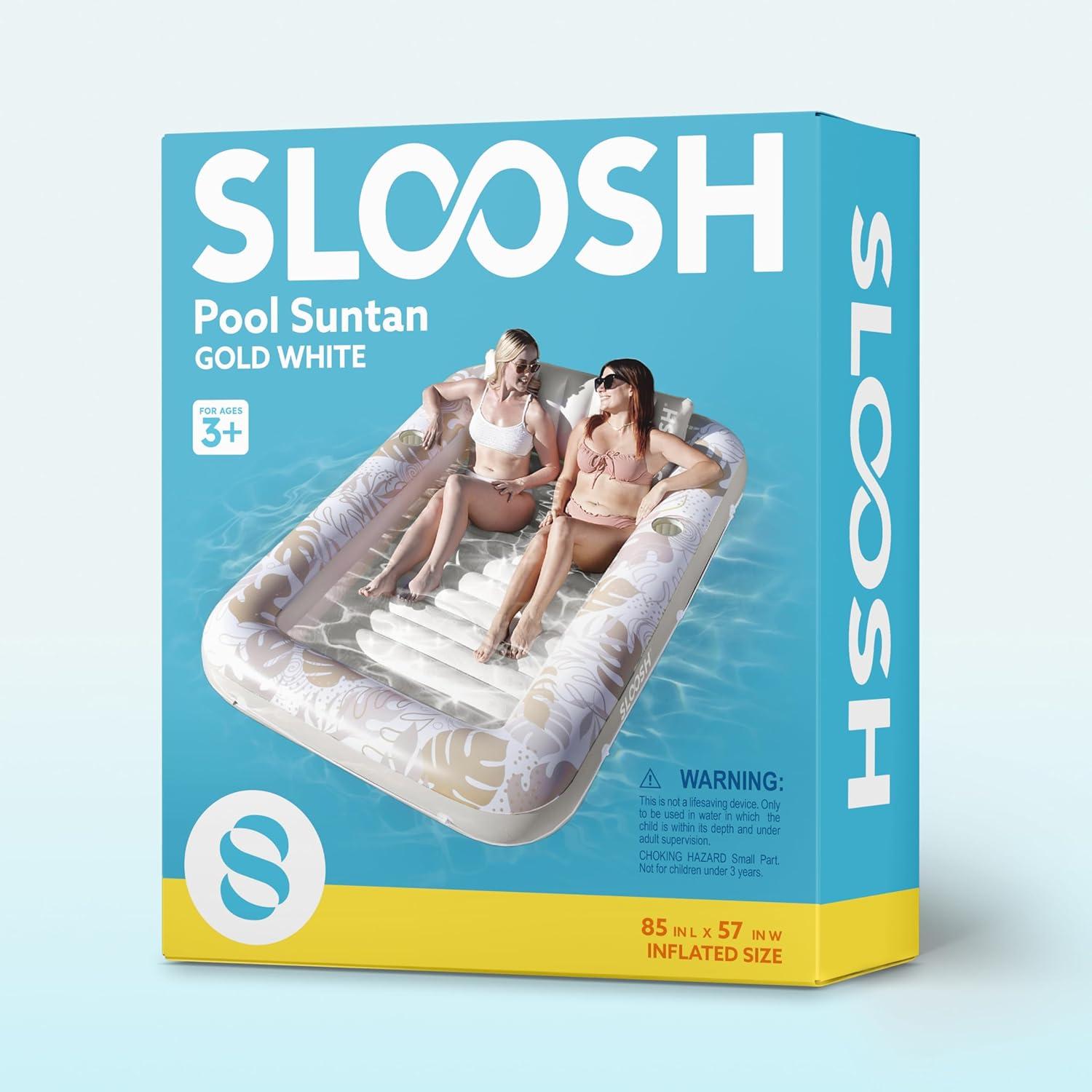 imageSLOOSH Inflatable Tanning Pool Lounger Float 85 x 57 Extra Large Pool Floats Adult with Pillow 4 in 1 Suntan Tub Raft FloatieSunbathing Bed Lounge for Water Blow Up Ball Pit Party Gifts XLBlueGolden White