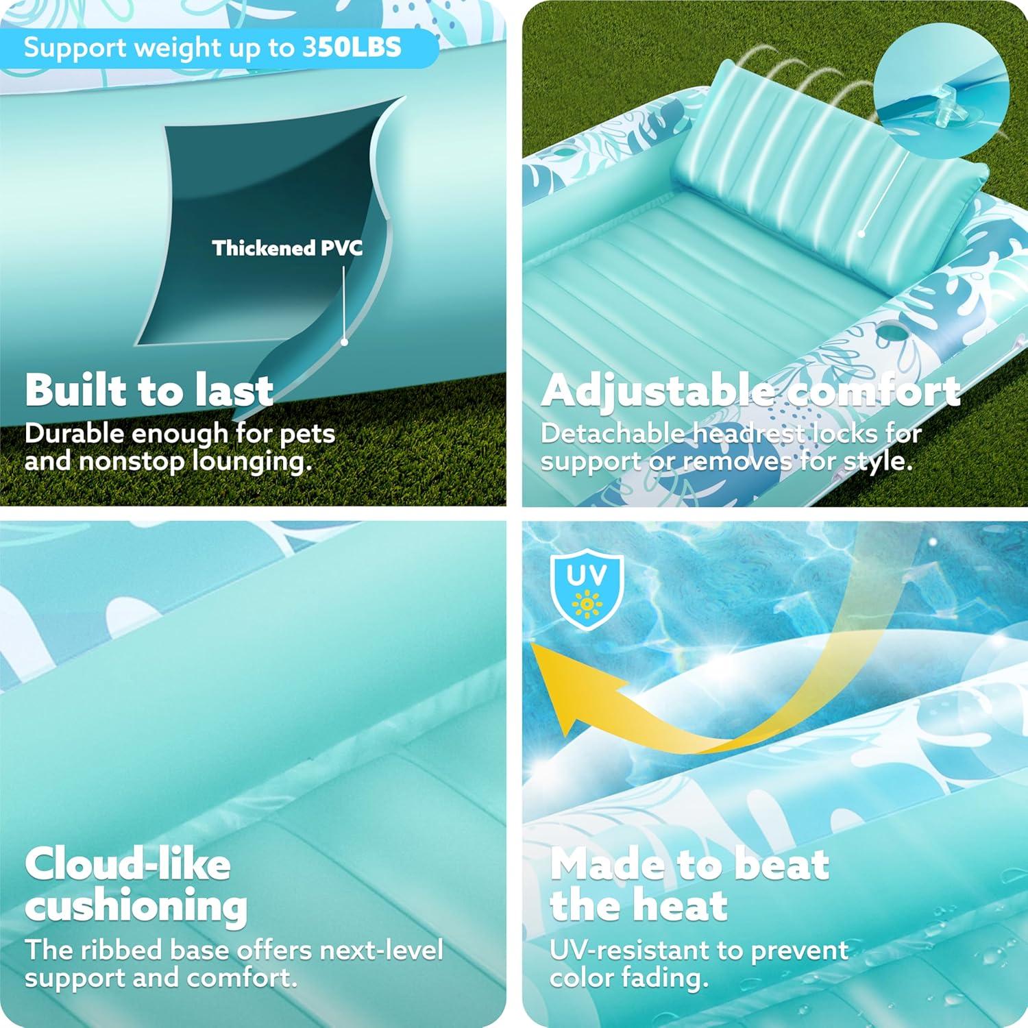 imageSLOOSH Inflatable Tanning Pool Lounger Float 85 x 57 Extra Large Pool Floats Adult with Pillow 4 in 1 Suntan Tub Raft FloatieSunbathing Bed Lounge for Water Blow Up Ball Pit Party Gifts XLBlueCyan White