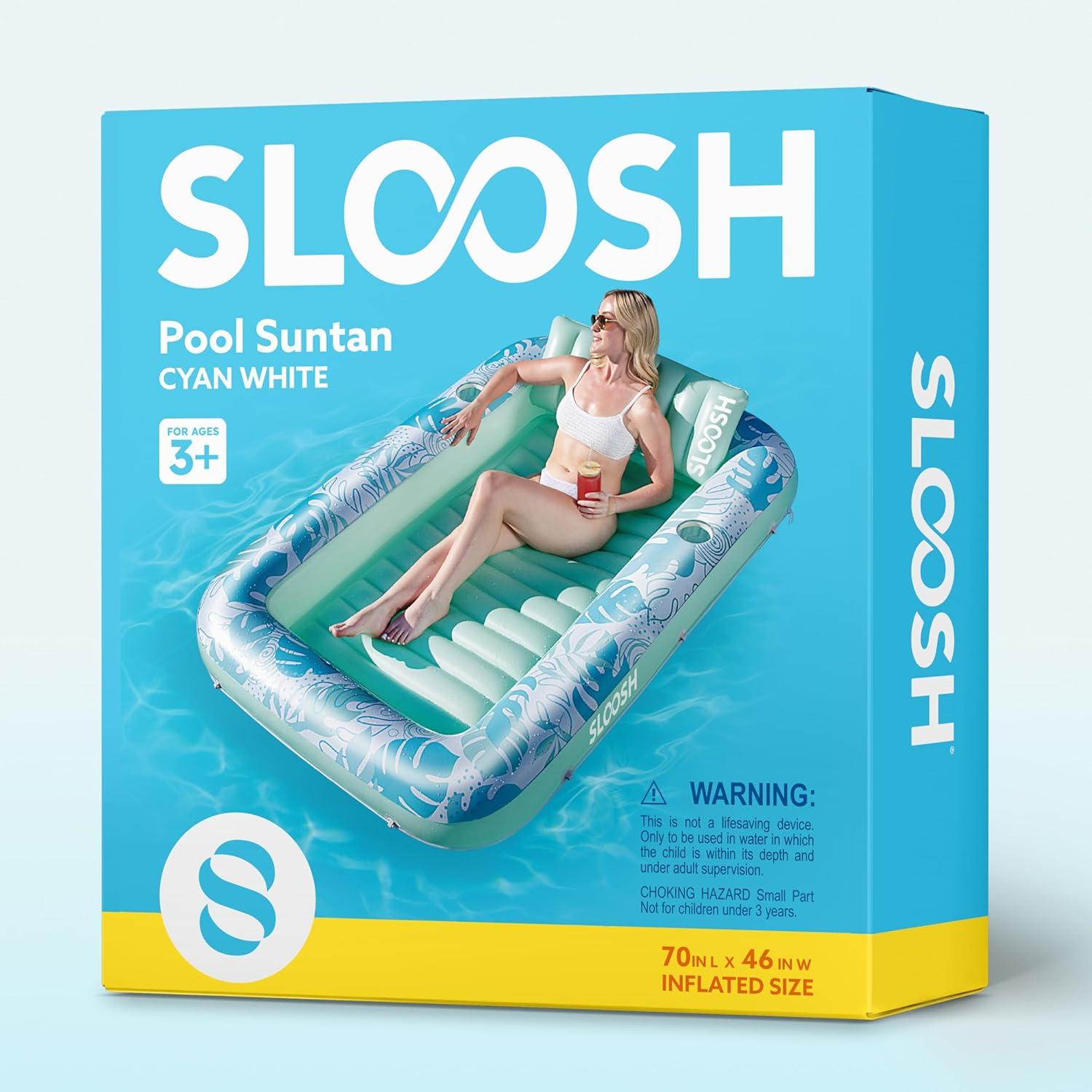 imageSLOOSH Inflatable Tanning Pool Lounger Float 85 x 57 Extra Large Pool Floats Adult with Pillow 4 in 1 Suntan Tub Raft FloatieSunbathing Bed Lounge for Water Blow Up Ball Pit Party Gifts XLBlueCyan White