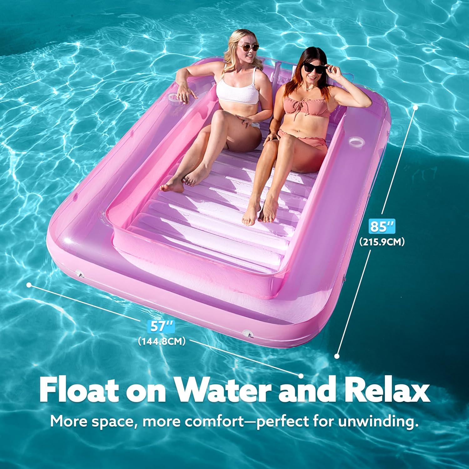 imageSLOOSH Inflatable Tanning Pool Lounger Float 85 x 57 Extra Large Pool Floats Adult with Pillow 4 in 1 Suntan Tub Raft FloatieSunbathing Bed Lounge for Water Blow Up Ball Pit XLGolden WhitePink White