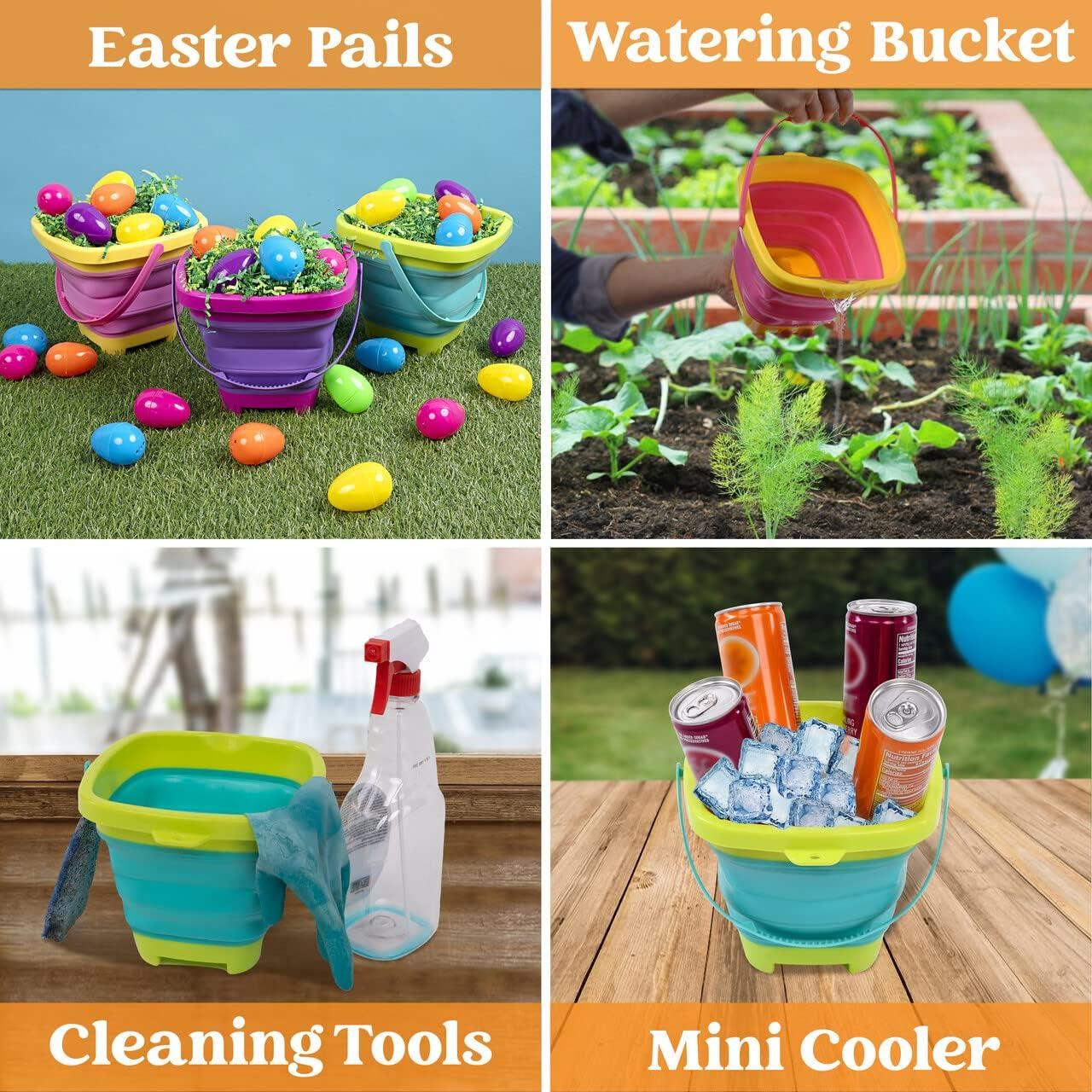 imageSloosh 3 Packs Foldable Bucket Collapsible Bucket with Sand Shovels and Mesh Backpack for Kids Toddlers Beach Toys Easter Egg Hunt Camping Travelling and Fishing Water Pail PinkPurpleGreenPinkPurpleGreen