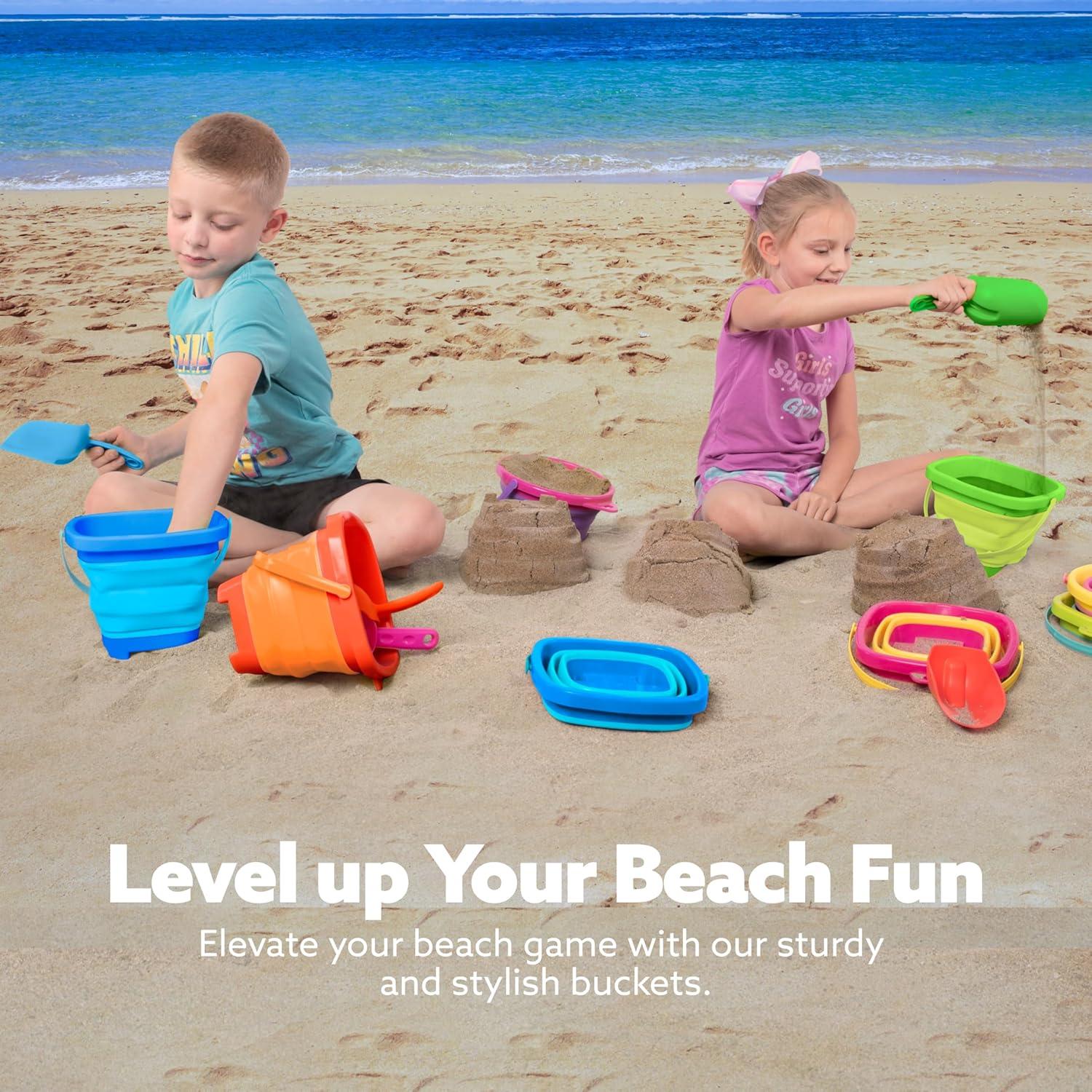 imageSloosh 3 Packs Foldable Bucket Collapsible Bucket with Sand Shovels and Mesh Backpack for Kids Toddlers Beach Toys Easter Egg Hunt Camping Travelling and Fishing Water Pail PinkPurpleGreenOrangeBlueGreen
