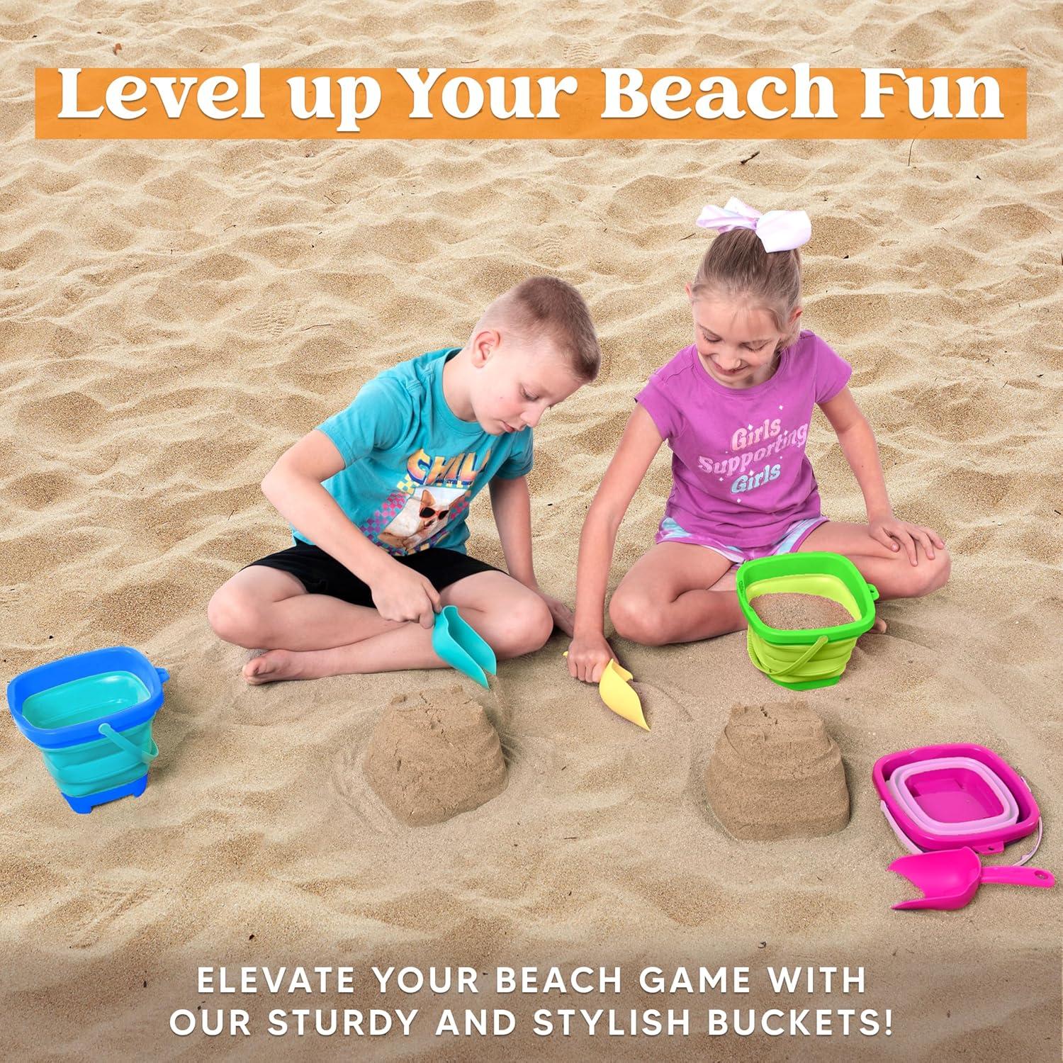 imageSloosh 3 Packs Foldable Bucket Collapsible Bucket with Sand Shovels and Mesh Backpack for Kids Toddlers Beach Toys Easter Egg Hunt Camping Travelling and Fishing Water Pail PinkPurpleGreenBluePinkGreen
