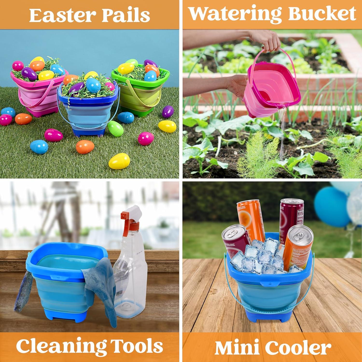 imageSloosh 3 Packs Foldable Bucket Collapsible Bucket with Sand Shovels and Mesh Backpack for Kids Toddlers Beach Toys Easter Egg Hunt Camping Travelling and Fishing Water Pail PinkPurpleGreenBluePinkGreen