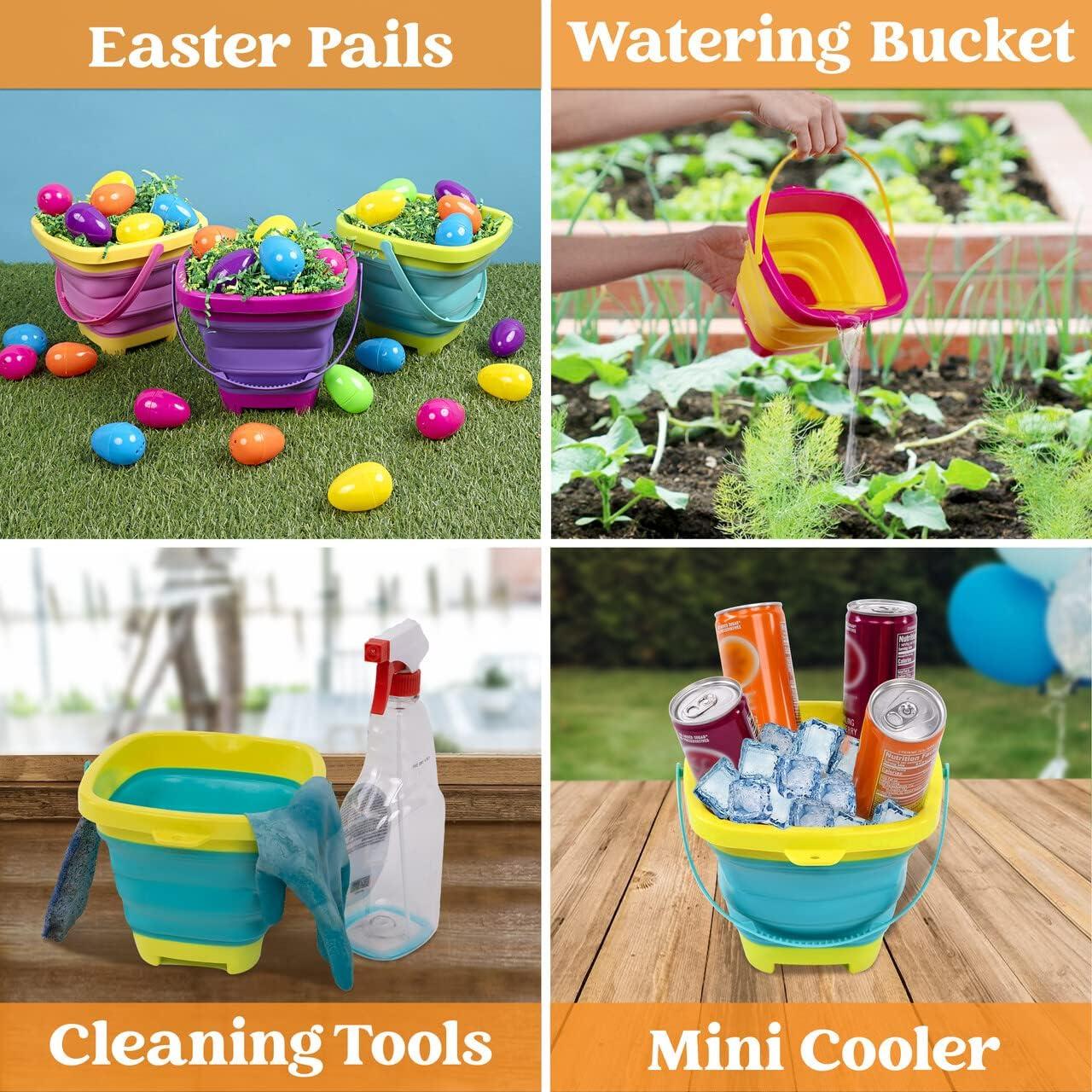 imageSloosh 3 Packs Foldable Bucket Collapsible Bucket with Sand Shovels and Mesh Backpack for Kids Toddlers Beach Toys Easter Egg Hunt Camping Travelling and Fishing Water Pail PinkPurpleGreenYellowBlueGreen