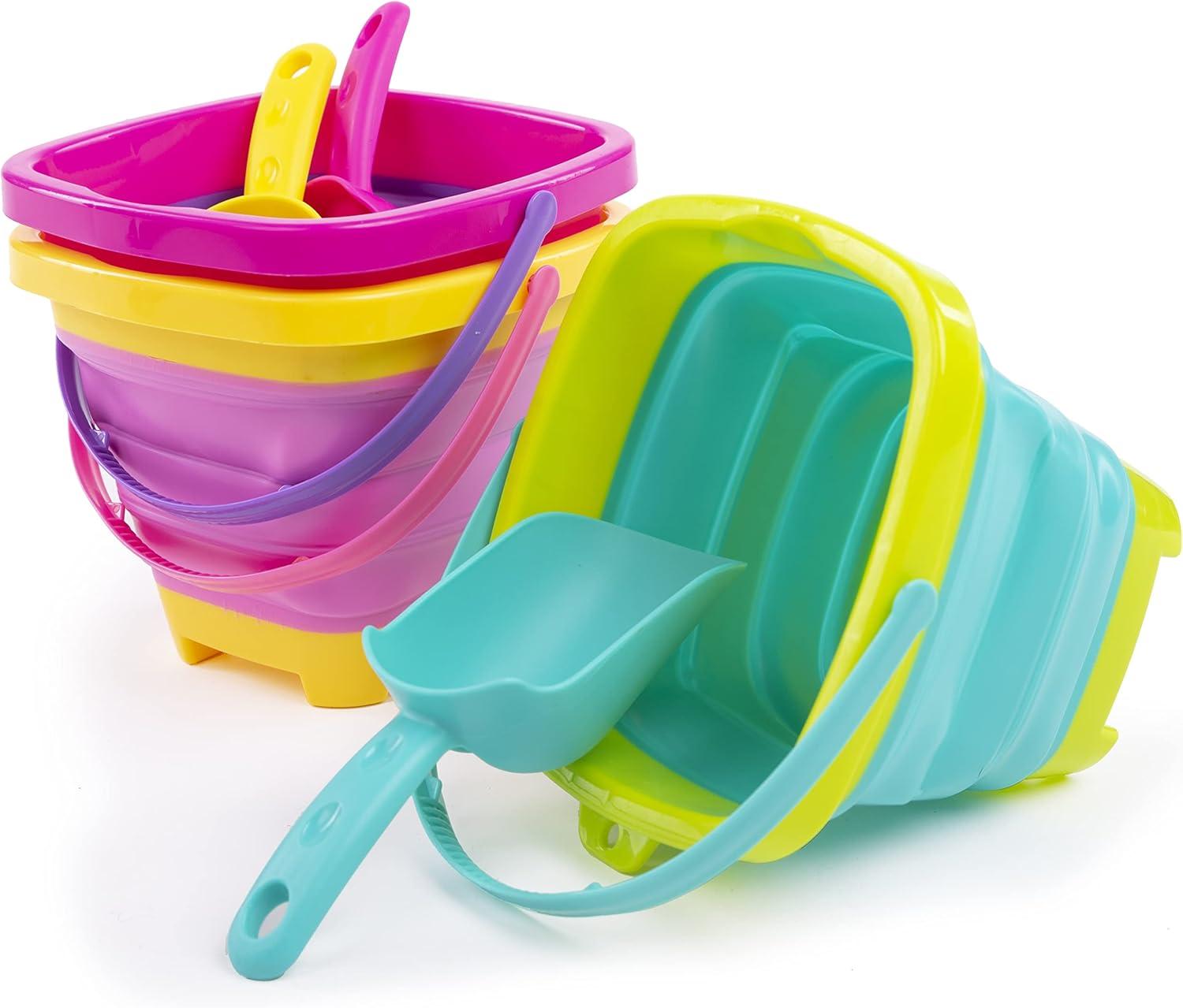 imageSloosh 3 Packs Foldable Bucket Collapsible Bucket with Sand Shovels and Mesh Backpack for Kids Toddlers Beach Toys Easter Egg Hunt Camping Travelling and Fishing Water Pail PinkPurpleGreenPinkPurpleGreen