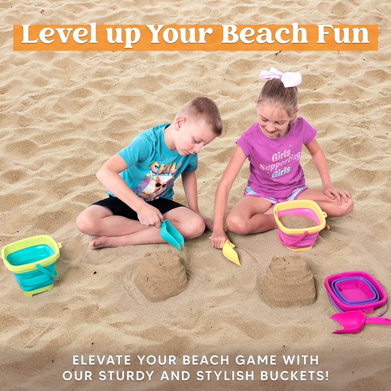 imageSloosh 3 Packs Foldable Bucket Collapsible Bucket with Sand Shovels and Mesh Backpack for Kids Toddlers Beach Toys Easter Egg Hunt Camping Travelling and Fishing Water Pail PinkPurpleGreenPinkPurpleGreen