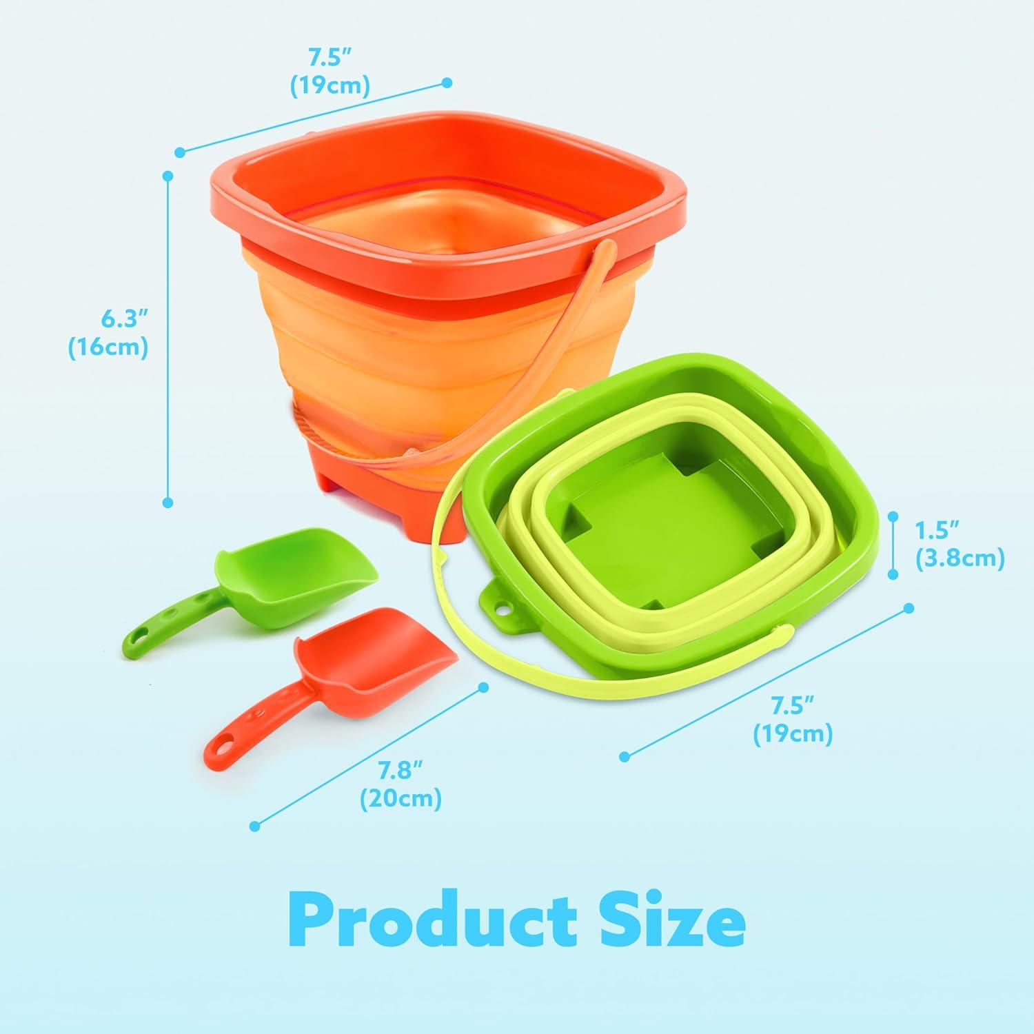 imageSloosh 3 Packs Foldable Bucket Collapsible Bucket with Sand Shovels and Mesh Backpack for Kids Toddlers Beach Toys Easter Egg Hunt Camping Travelling and Fishing Water Pail PinkPurpleGreenOrangeBlueGreen