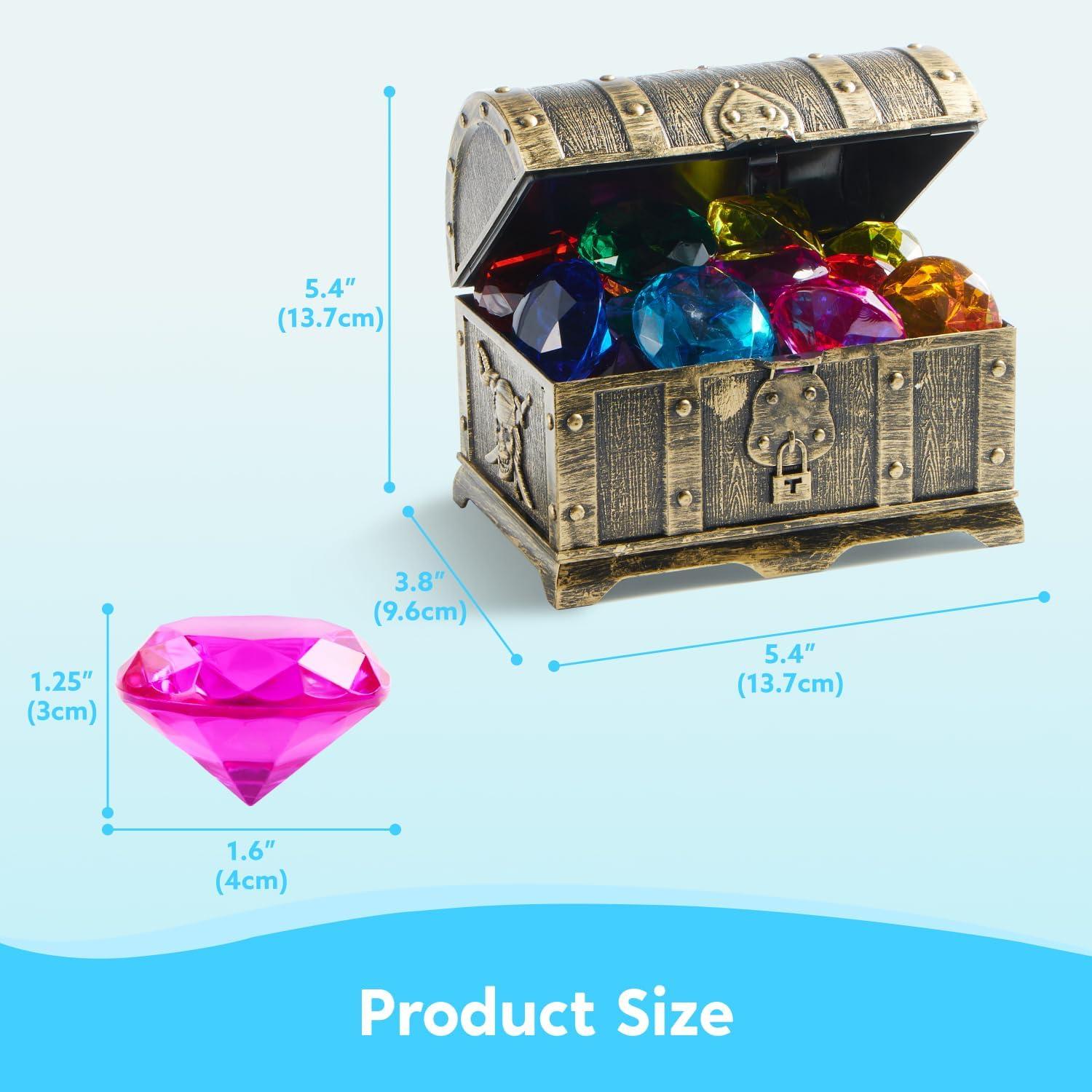 imageSloosh Diving Gems Pool Toys 16 Big Colorful Diamond with Pirate Treasure ChestSwim Dive Toy for Kids Underwater Gemstone Swimming Training Gift Water Pool GamesGoldGold