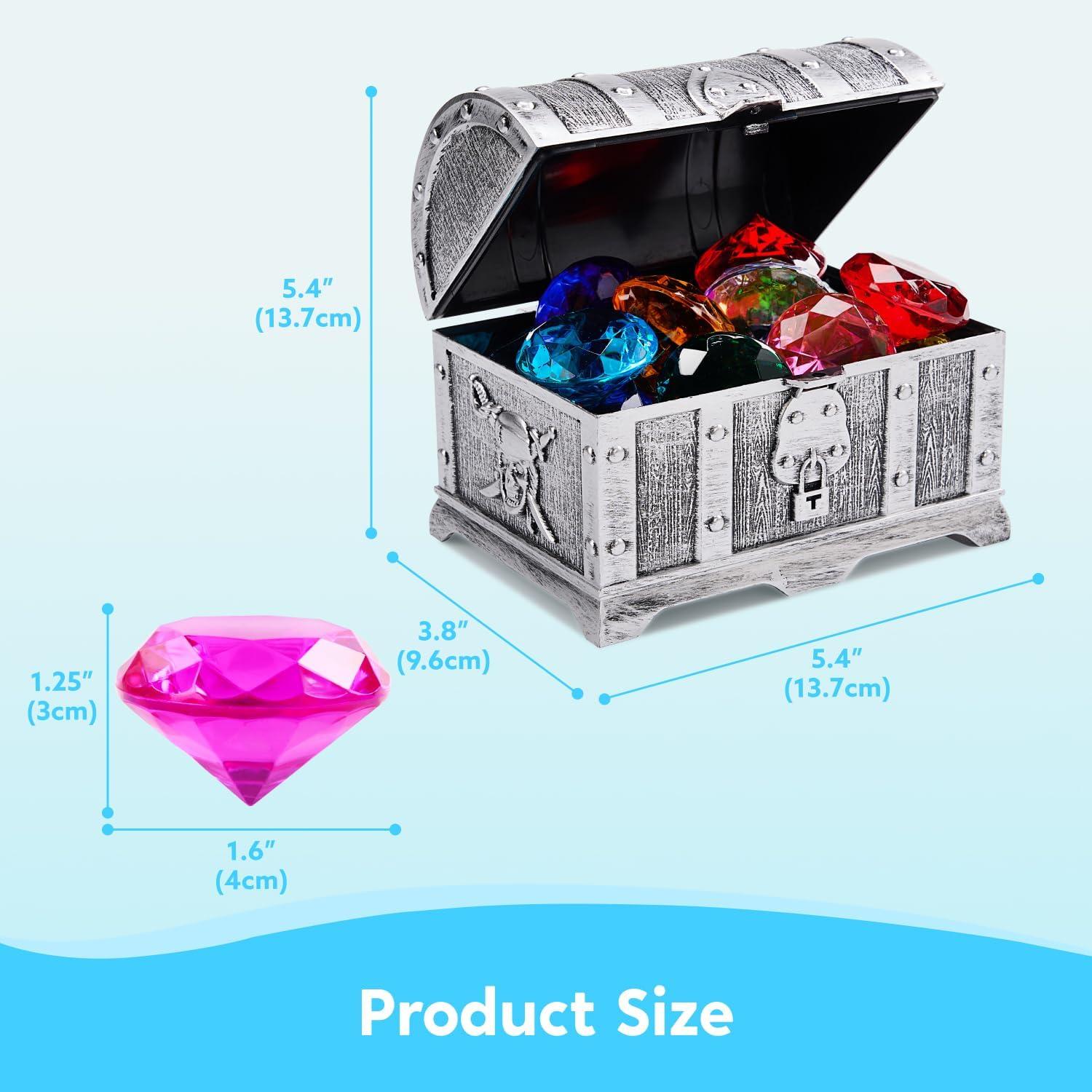 imageSloosh Diving Gems Pool Toys 16 Big Colorful Diamond with Pirate Treasure ChestSwim Dive Toy for Kids Underwater Gemstone Swimming Training Gift Water Pool GamesGoldSilver