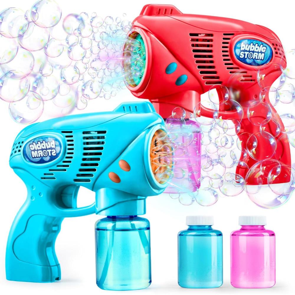 imageJOYIN 2 Bubble Guns with 2 Refill Solution 10 oz Total Bubbles Maker Blower for Kids Toddlers Outdoors Activity Birthday Gift Easter Basket Stuffers YellowOrangeRedblue