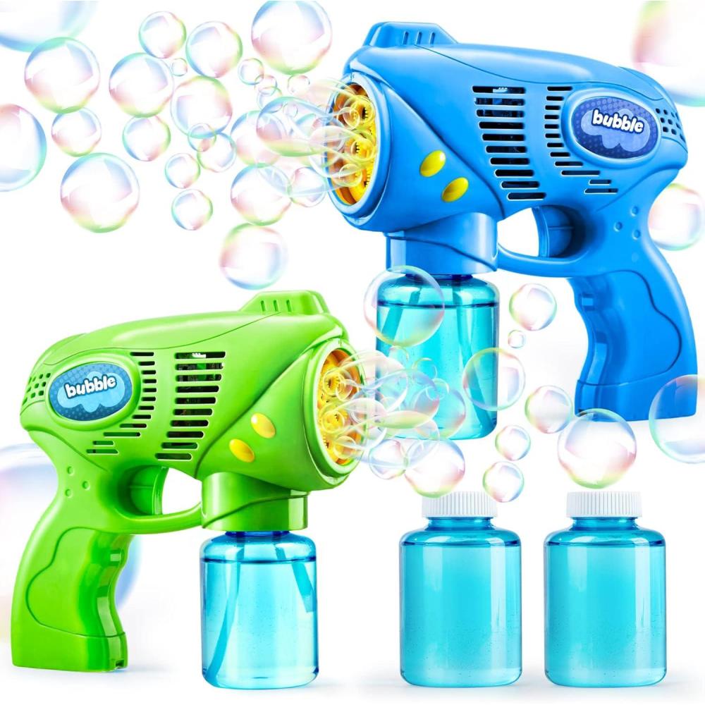 imageJOYIN 2 Bubble Guns with 2 Refill Solution 10 oz Total Bubbles Maker Blower for Kids Toddlers Outdoors Activity Birthday Gift Easter Basket Stuffers YellowOrangeBluegreen