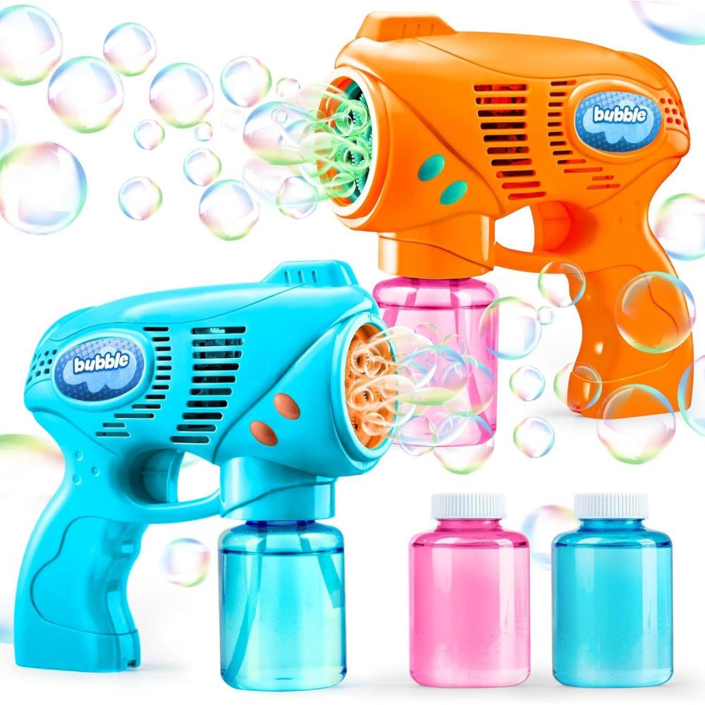 imageJOYIN 2 Bubble Guns with 2 Refill Solution 10 oz Total Bubbles Maker Blower for Kids Toddlers Outdoors Activity Birthday Gift Easter Basket Stuffers YellowOrangeOrangeblue