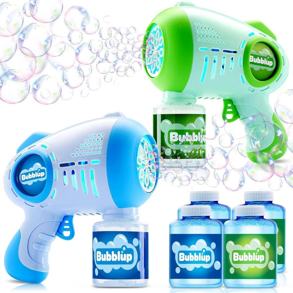imageJOYIN 2 Kids Bubble Guns with 4 Bottles Solution Automatic Bubble Machine Gun with 8 Holes for Kids Adults Summer Toys Easter Basket Stuffers Birthday Gift Party FavorsGreen Blue