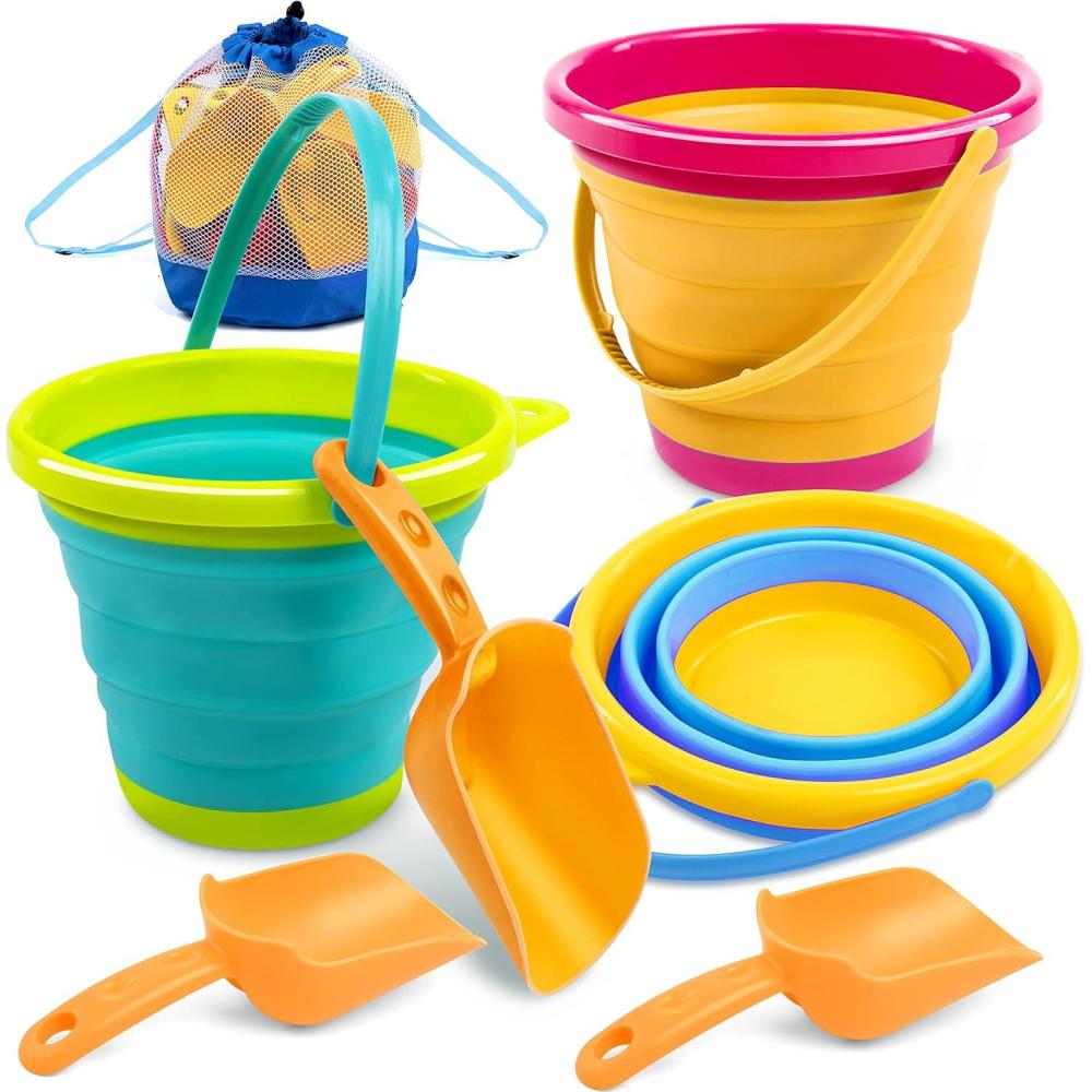 imageJOYIN 3 Packs Foldable Pail Bucket with Shovels amp Mesh Bag Collapsible Buckets Multi Purpose for Beach Camping Gear Beach Party Fishing and Fun Summer Activities YellowBlueGreenYellowBlueGreen