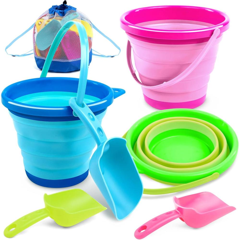 imageJOYIN 3 Packs Foldable Pail Bucket with Shovels amp Mesh Bag Collapsible Buckets Multi Purpose for Beach Camping Gear Beach Party Fishing and Fun Summer Activities YellowBlueGreenBluePinkGreen