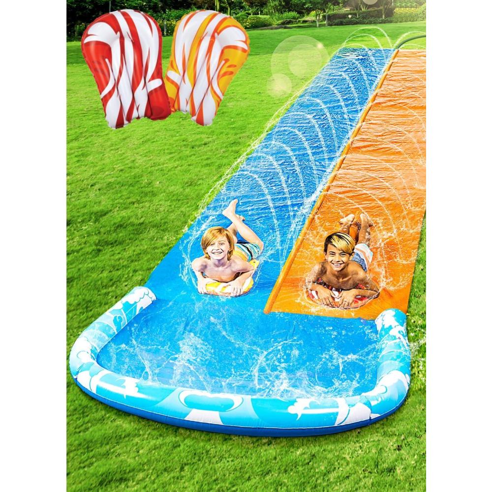 imageJOYIN 325FT Water Slide and 2 Inflatable Boards Extra Long Double Lawn Heavy Duty Splash Mat Pad with Sprinkler for Kids Adults Backyard Summer Water Toy Outdoor Fun Blue OrangeBlue Orange