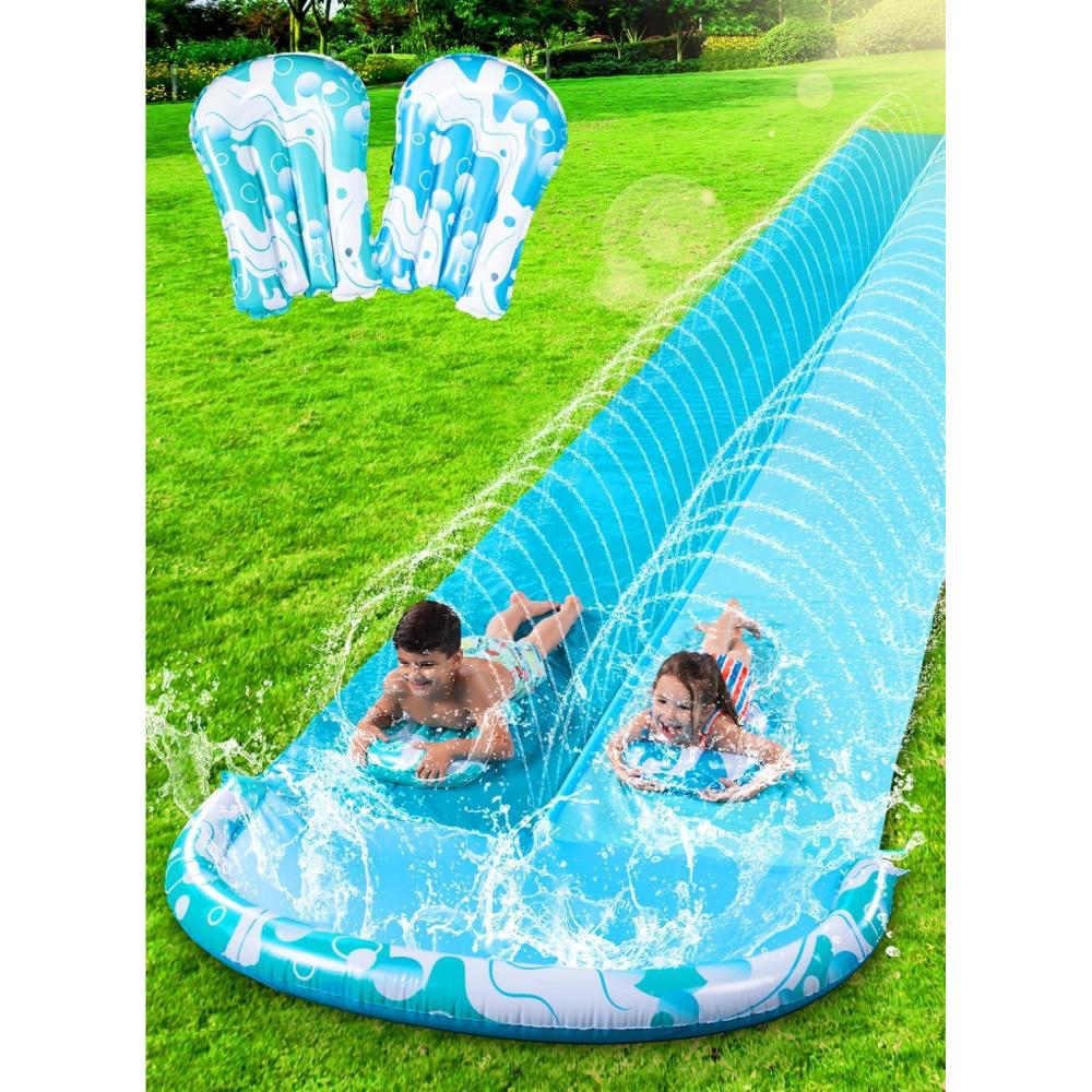 imageJOYIN 325FT Water Slide and 2 Inflatable Boards Extra Long Double Lawn Heavy Duty Splash Mat Pad with Sprinkler for Kids Adults Backyard Summer Water Toy Outdoor Fun Blue OrangeBlue Light Blue