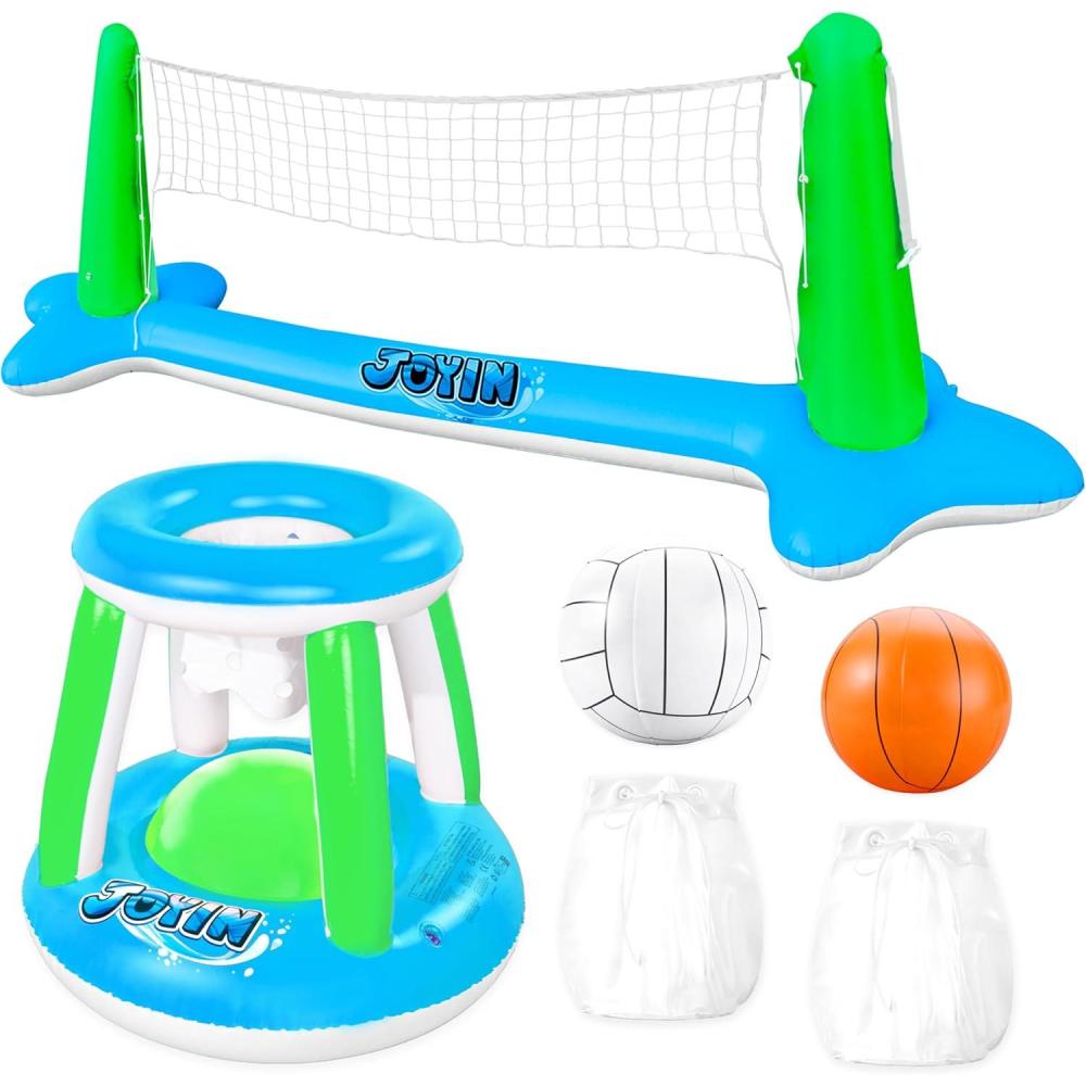 imageJOYIN Inflatable Pool Float Set Volleyball Net amp Basketball Hoops Floating Swimming Game Toy for Kids and Adults Summer Floaties Volleyball Court 105x28x38Basketball 276x23LOrangeGreen Blue