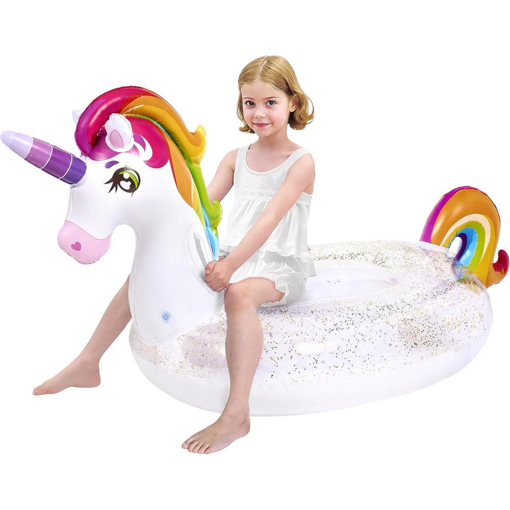 imageJOYIN Unicorn Pool Float Kids Inflatable Rainbow Unicorn Floaty with Glitters Fun Floats Ride On Beach Lake Floaties Raft Lounge Party in Summer Decorations Pool Toys for Kids