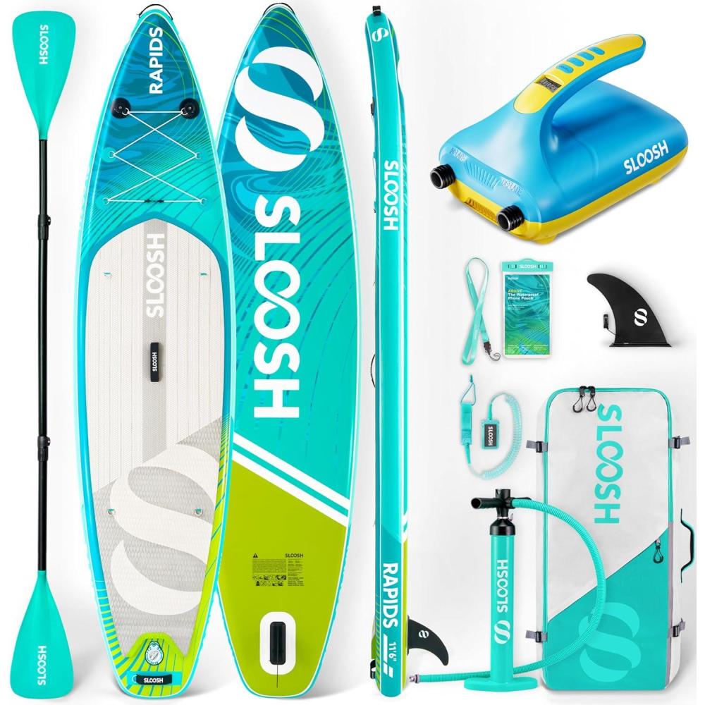 imageSLOOSH 116 Inflatable SUP Board amp Electric Pump Bundle Premium Paddle Board Kit with EVA Deck Kayak Paddle Fast 20 PSI Pump Lightweight Backpack 1Year SUP Warranty
