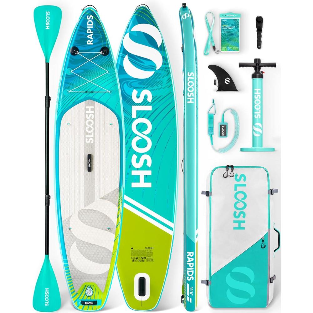 imageSLOOSH Inflatable Stand Up Paddle Board 116 Inflatable Paddle Boards with Premium Accessories NonSlip EVA Deck UltraLight Carry Bag Pump Rapids SUP for Youth amp AdultsAqua Surge
