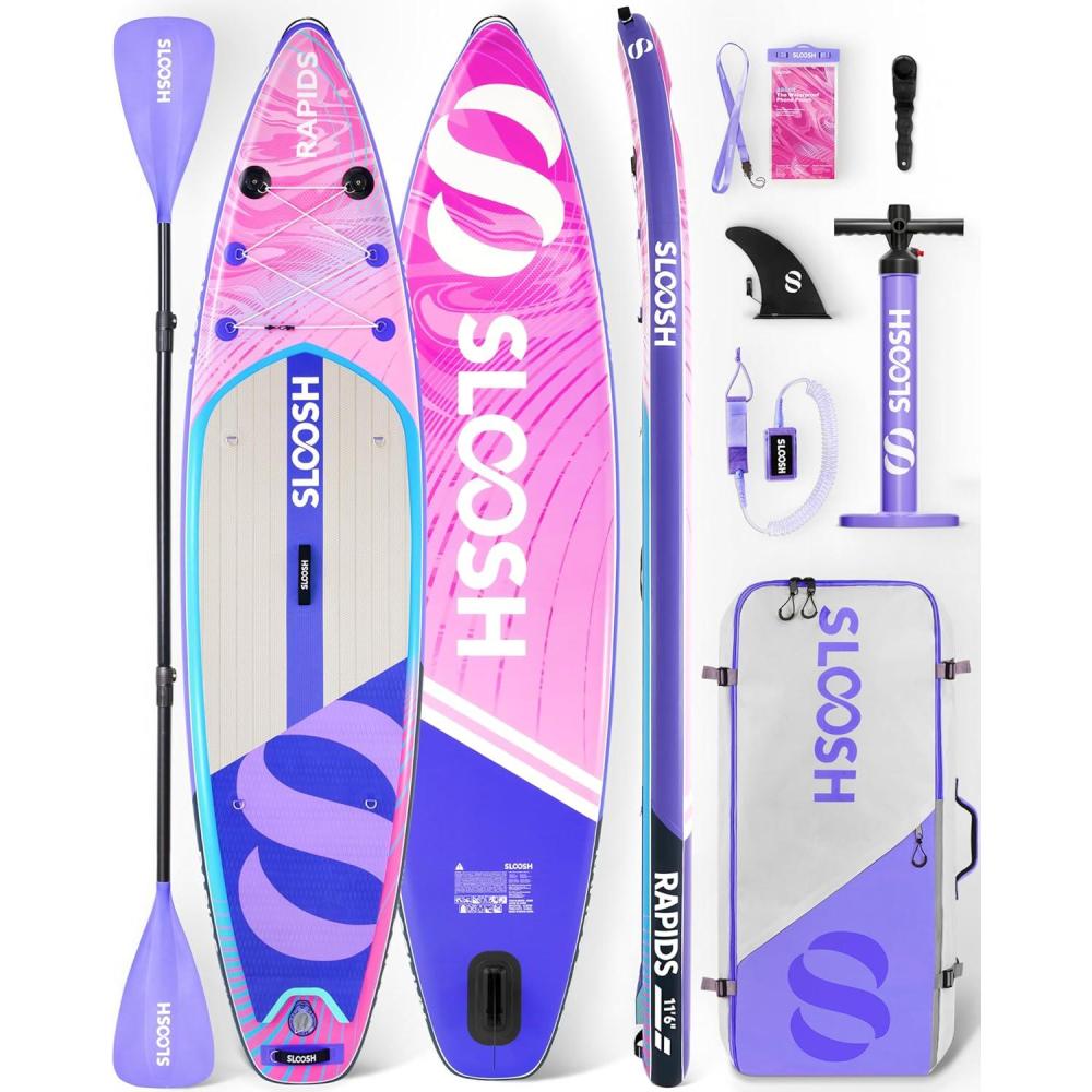 imageSLOOSH Inflatable Stand Up Paddle Board 116 Inflatable Paddle Boards with Premium Accessories NonSlip EVA Deck UltraLight Carry Bag Pump Rapids SUP for Youth amp AdultsFuchsia Tide