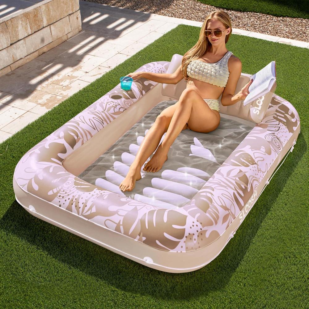 imageSLOOSH Inflatable Tanning Pool Lounger Float 85 x 57 Extra Large Pool Floats Adult with Pillow 4 in 1 Suntan Tub Raft FloatieSunbathing Bed Lounge for Water Blow Up Ball Pit Party Gifts XLBlueGolden White