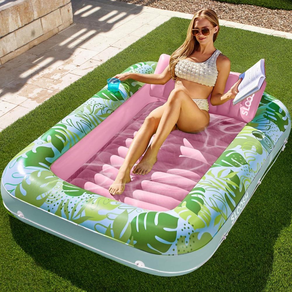 imageSLOOSH Inflatable Tanning Pool Lounger Float 85 x 57 Extra Large Pool Floats Adult with Pillow 4 in 1 Suntan Tub Raft FloatieSunbathing Bed Lounge for Water Blow Up Ball Pit Party Gifts XLBlueCyan Pink