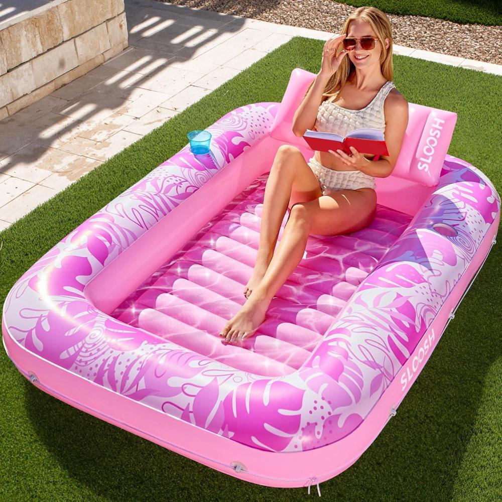 imageSLOOSH Inflatable Tanning Pool Lounger Float 85 x 57 Extra Large Pool Floats Adult with Pillow 4 in 1 Suntan Tub Raft FloatieSunbathing Bed Lounge for Water Blow Up Ball Pit Party Gifts XLBlueHot Pink