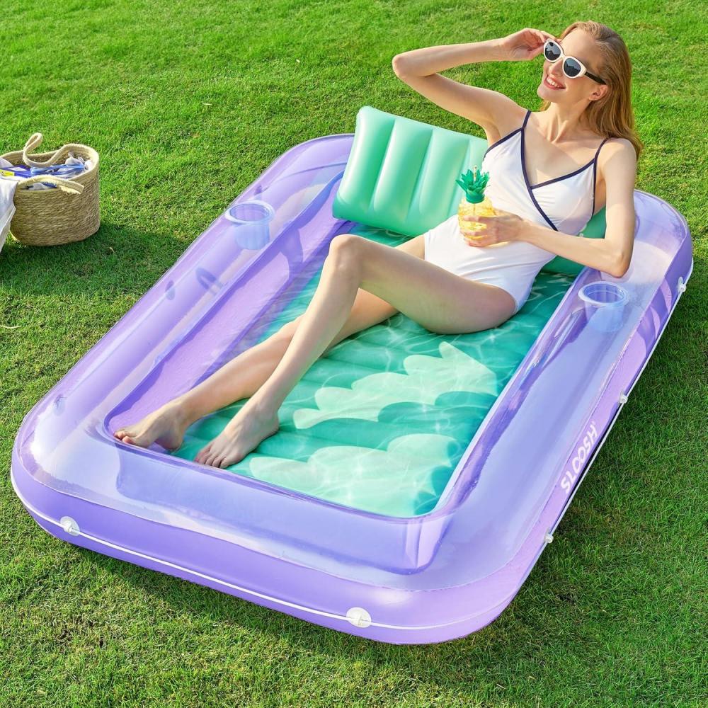 imageSLOOSH Inflatable Tanning Pool Lounger Float 85 x 57 Extra Large Pool Floats Adult with Pillow 4 in 1 Suntan Tub Raft FloatieSunbathing Bed Lounge for Water Blow Up Ball Pit XLGolden WhitePurple Green