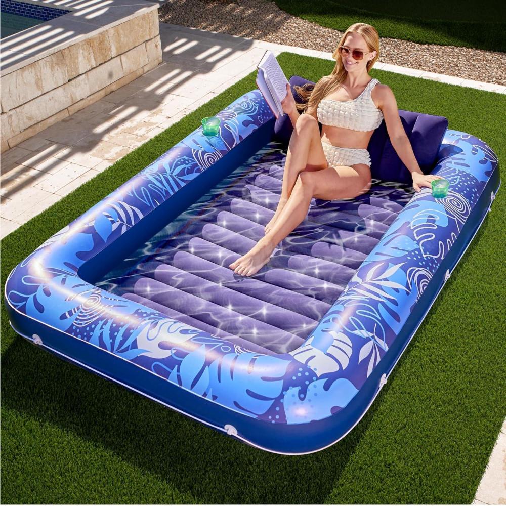 imageSLOOSH Inflatable Tanning Pool Lounger Float 85 x 57 Extra Large Pool Floats Adult with Pillow 4 in 1 Suntan Tub Raft FloatieSunbathing Bed Lounge for Water Blow Up Ball Pit Party Gifts XLBlueDark Blue