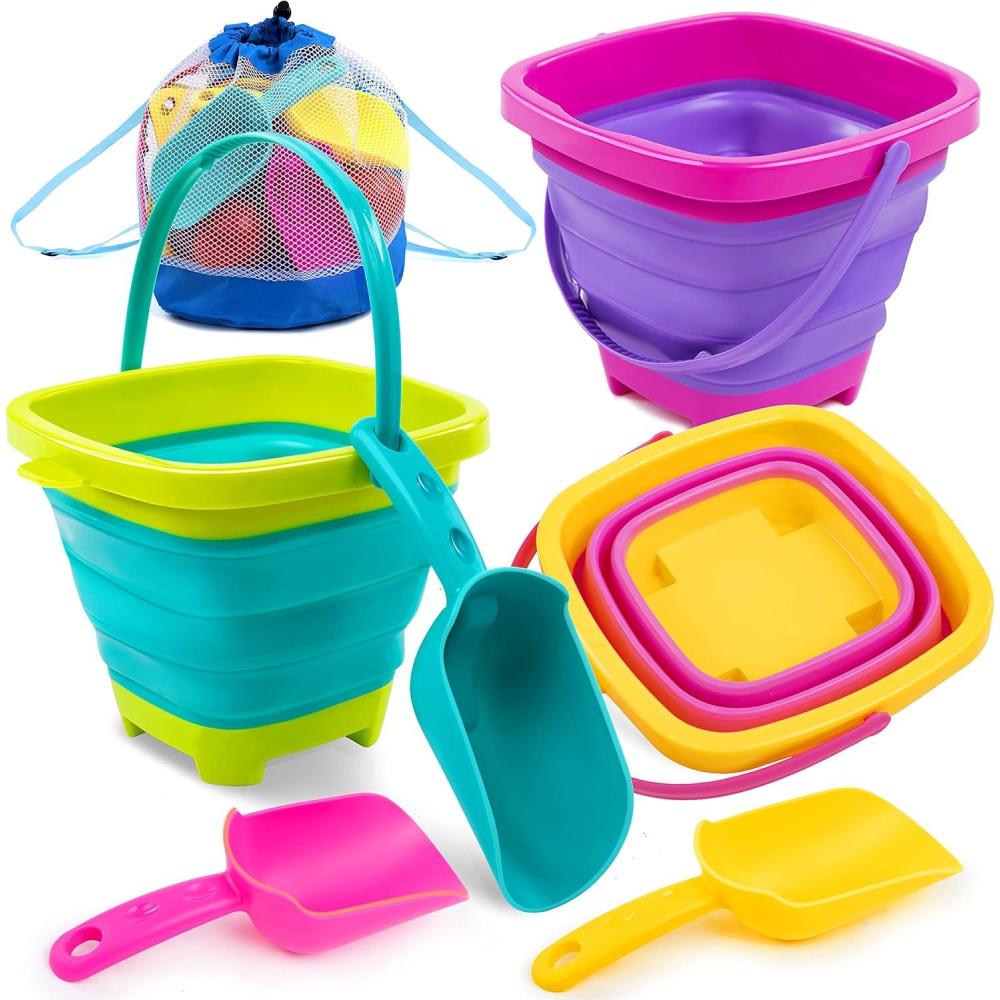 imageSloosh 3 Packs Foldable Bucket Collapsible Bucket with Sand Shovels and Mesh Backpack for Kids Toddlers Beach Toys Easter Egg Hunt Camping Travelling and Fishing Water Pail PinkPurpleGreenPinkPurpleGreen