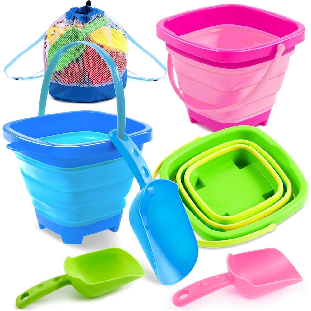 imageSloosh 3 Packs Foldable Bucket Collapsible Bucket with Sand Shovels and Mesh Backpack for Kids Toddlers Beach Toys Easter Egg Hunt Camping Travelling and Fishing Water Pail PinkPurpleGreenBluePinkGreen
