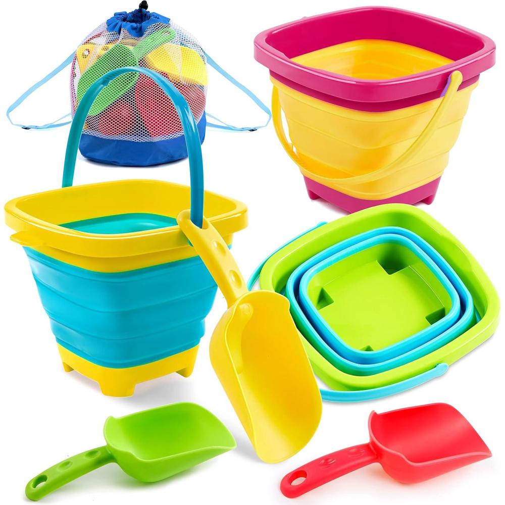 imageSloosh 3 Packs Foldable Bucket Collapsible Bucket with Sand Shovels and Mesh Backpack for Kids Toddlers Beach Toys Easter Egg Hunt Camping Travelling and Fishing Water Pail PinkPurpleGreenYellowBlueGreen