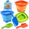 Sloosh 3 Packs Foldable Bucket – Collapsible Bucket with Sand Shovels and Mesh Backpack for Kids Toddlers Beach Toys, Easter Egg Hunt, Camping, Travelling and Fishing Water Pail (Pink/Purple/Green)(Orange/Blue/Green)
