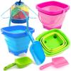 Sloosh 3 Packs Foldable Bucket – Collapsible Bucket with Sand Shovels and Mesh Backpack for Kids Toddlers Beach Toys, Easter Egg Hunt, Camping, Travelling and Fishing Water Pail (Pink/Purple/Green)(Blue/Pink/Green)