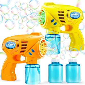 JOYIN 2 Bubble Guns with 2 Refill Solution (10 oz Total), Bubbles Maker, Blower for Kids, Toddlers, Outdoors Activity, Birthday Gift, Easter Basket Stuffers (Yellow+Orange)(Orange+yellow)