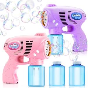JOYIN 2 Bubble Guns with 2 Refill Solution (10 oz Total), Bubbles Maker, Blower for Kids, Toddlers, Outdoors Activity, Birthday Gift, Easter Basket Stuffers (Yellow+Orange)(Pink+purple)