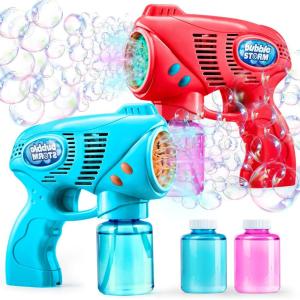 JOYIN 2 Bubble Guns with 2 Refill Solution (10 oz Total), Bubbles Maker, Blower for Kids, Toddlers, Outdoors Activity, Birthday Gift, Easter Basket Stuffers (Yellow+Orange)(Red+blue)