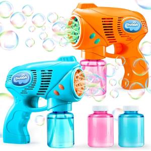 JOYIN 2 Bubble Guns with 2 Refill Solution (10 oz Total), Bubbles Maker, Blower for Kids, Toddlers, Outdoors Activity, Birthday Gift, Easter Basket Stuffers (Yellow+Orange)(Orange+blue)