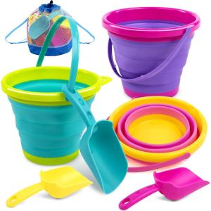 JOYIN 3 Packs Foldable Pail Bucket with Shovels & Mesh Bag, Collapsible Buckets Multi Purpose for Beach, Camping Gear, Beach Party, Fishing, and Fun Summer Activities (Yellow/Blue/Green)(Pink/Purple/Green)