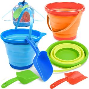 JOYIN 3 Packs Foldable Pail Bucket with Shovels & Mesh Bag, Collapsible Buckets Multi Purpose for Beach, Camping Gear, Beach Party, Fishing, and Fun Summer Activities (Yellow/Blue/Green)(Orange/Blue/Green)