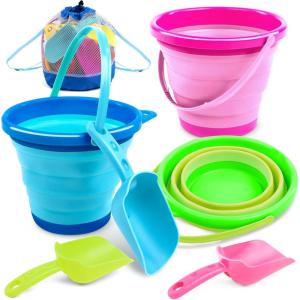 JOYIN 3 Packs Foldable Pail Bucket with Shovels & Mesh Bag, Collapsible Buckets Multi Purpose for Beach, Camping Gear, Beach Party, Fishing, and Fun Summer Activities (Yellow/Blue/Green)(Blue/Pink/Green)